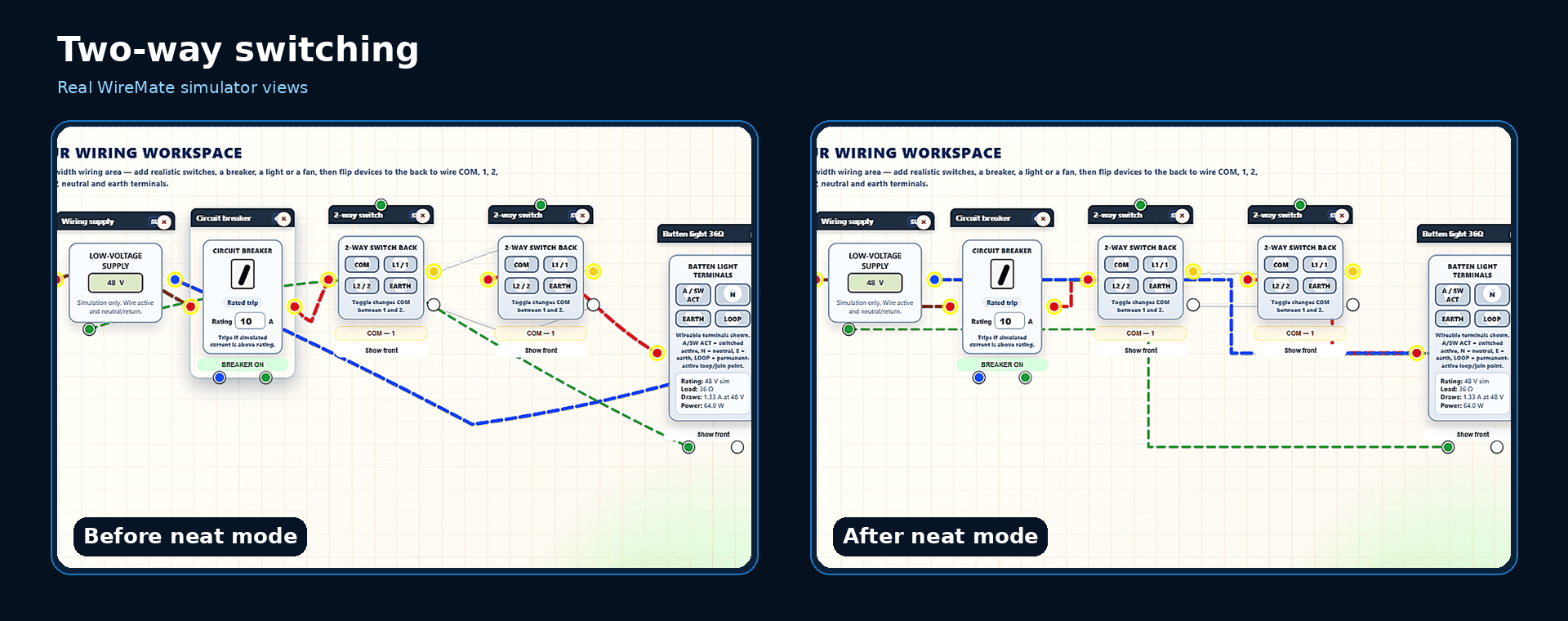 WireMate comparison showing two-way switching before and after neat mode