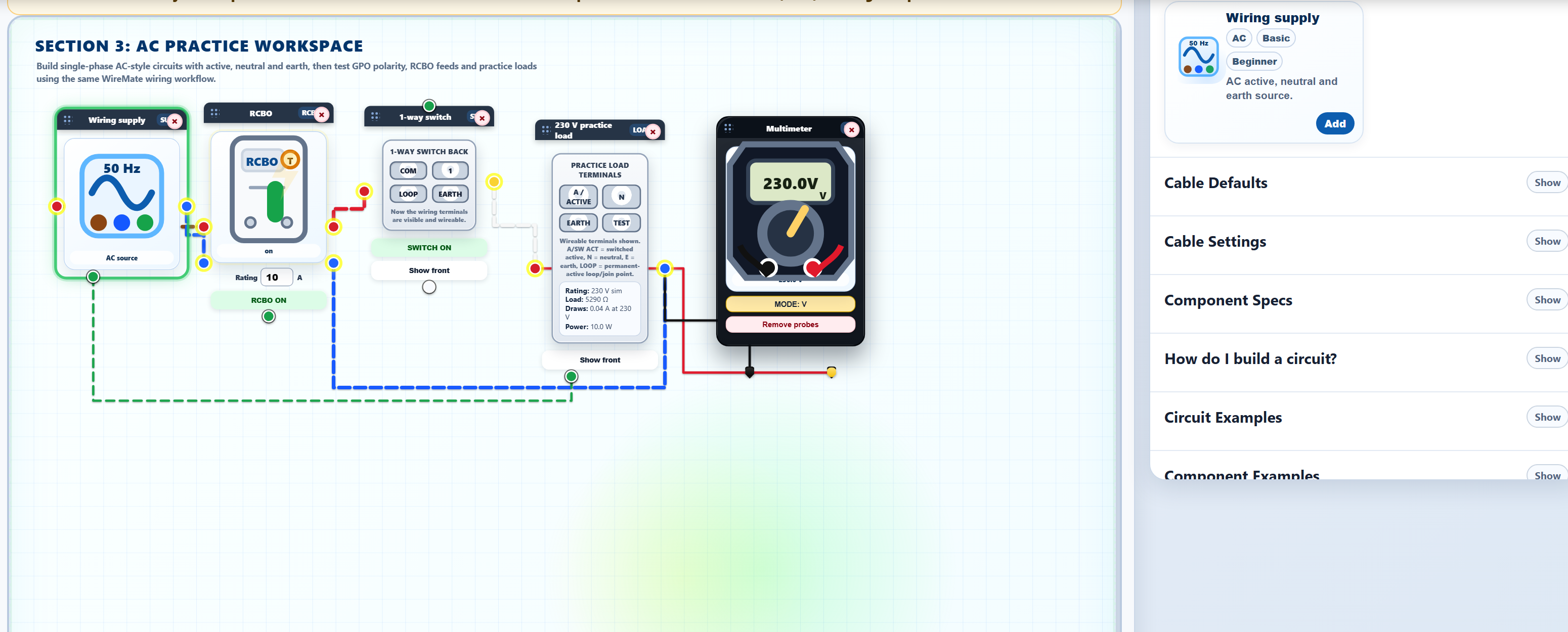 WireMate Pro AC practice simulator with AC supply, RCBO, wiring, load, and multimeter reading