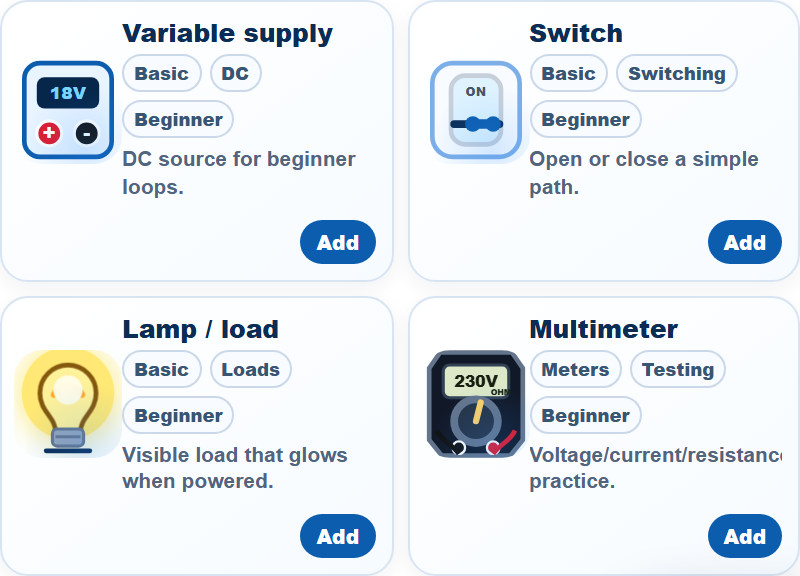 WireMate Pro simulator showing the expanded component workbench and component library