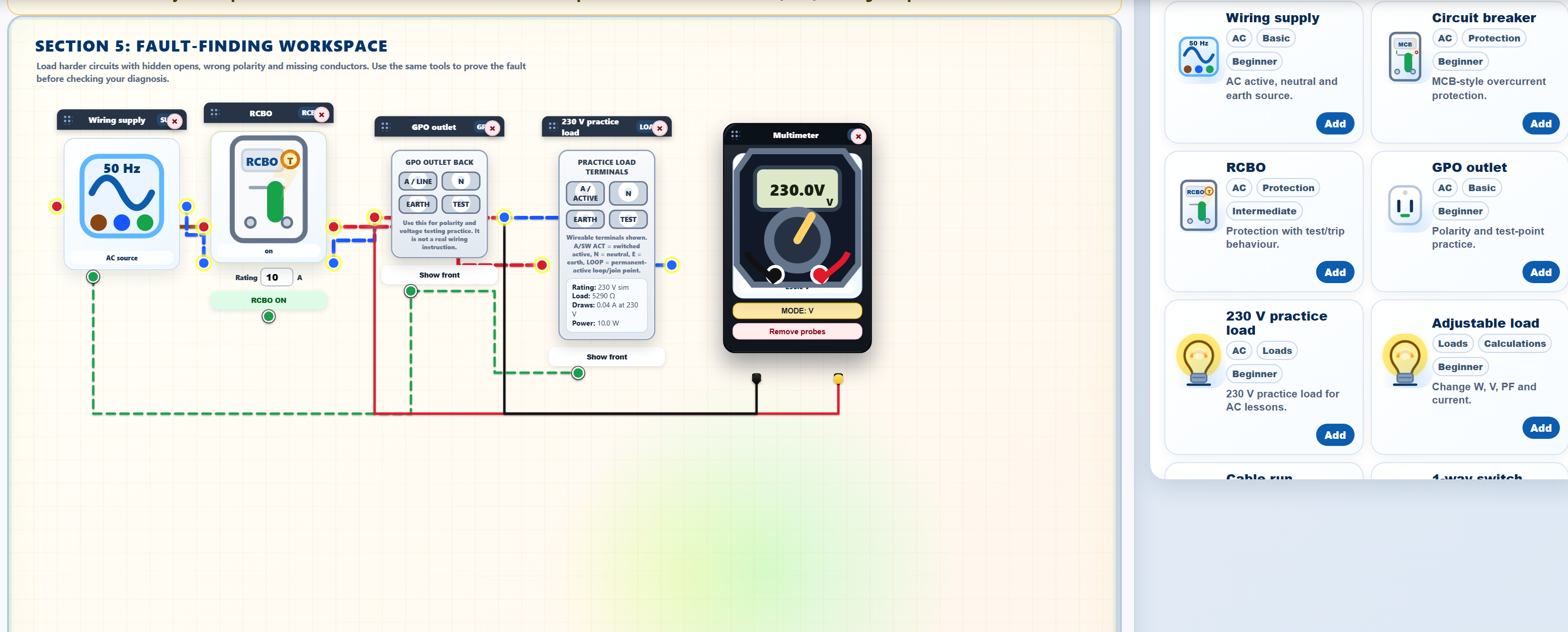 WireMate Pro fault-finding simulator showing a faulted AC circuit and multimeter result